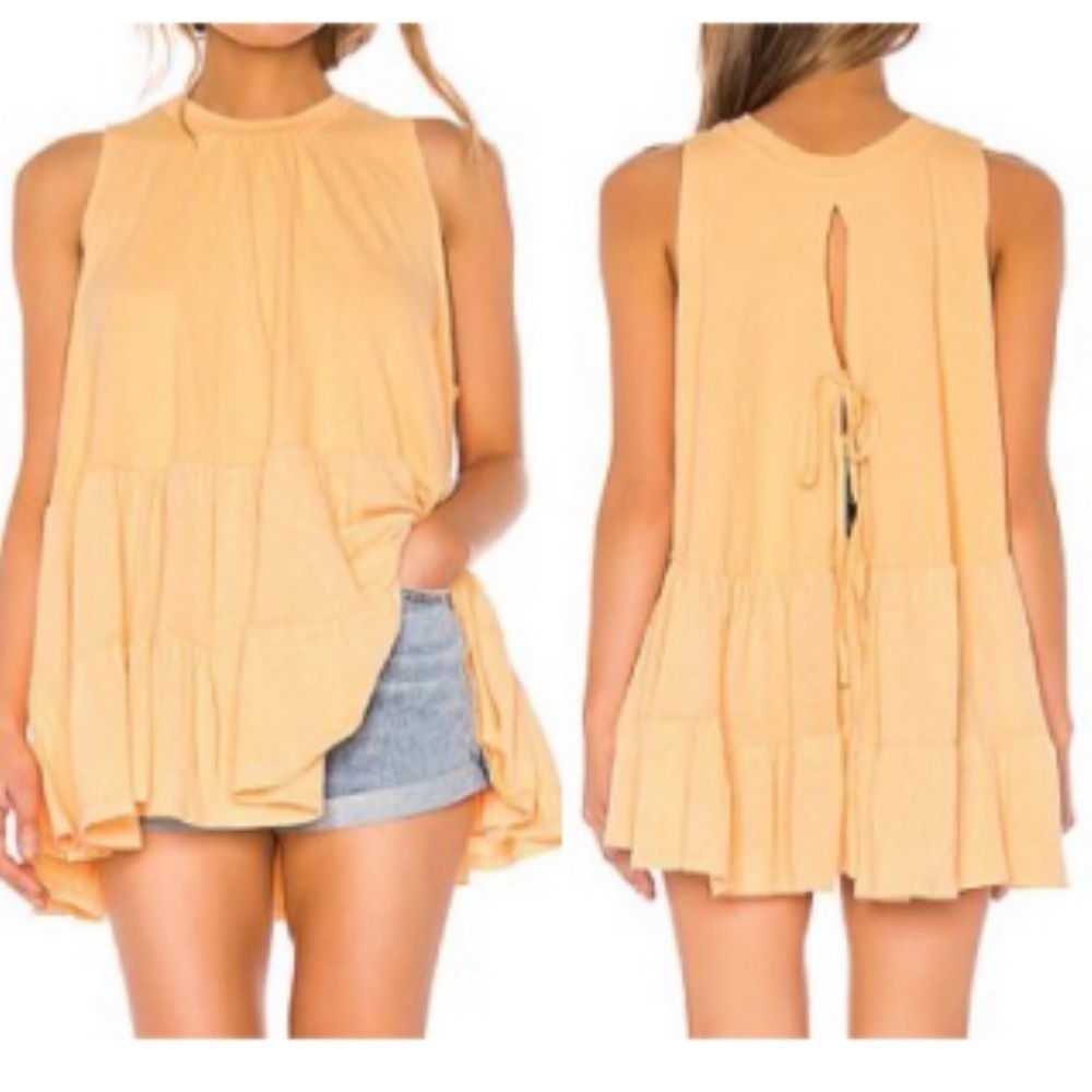 Free People Boho Tiered Yellow Flowy Shift Babydoll Slouchy Tank Top Size Small